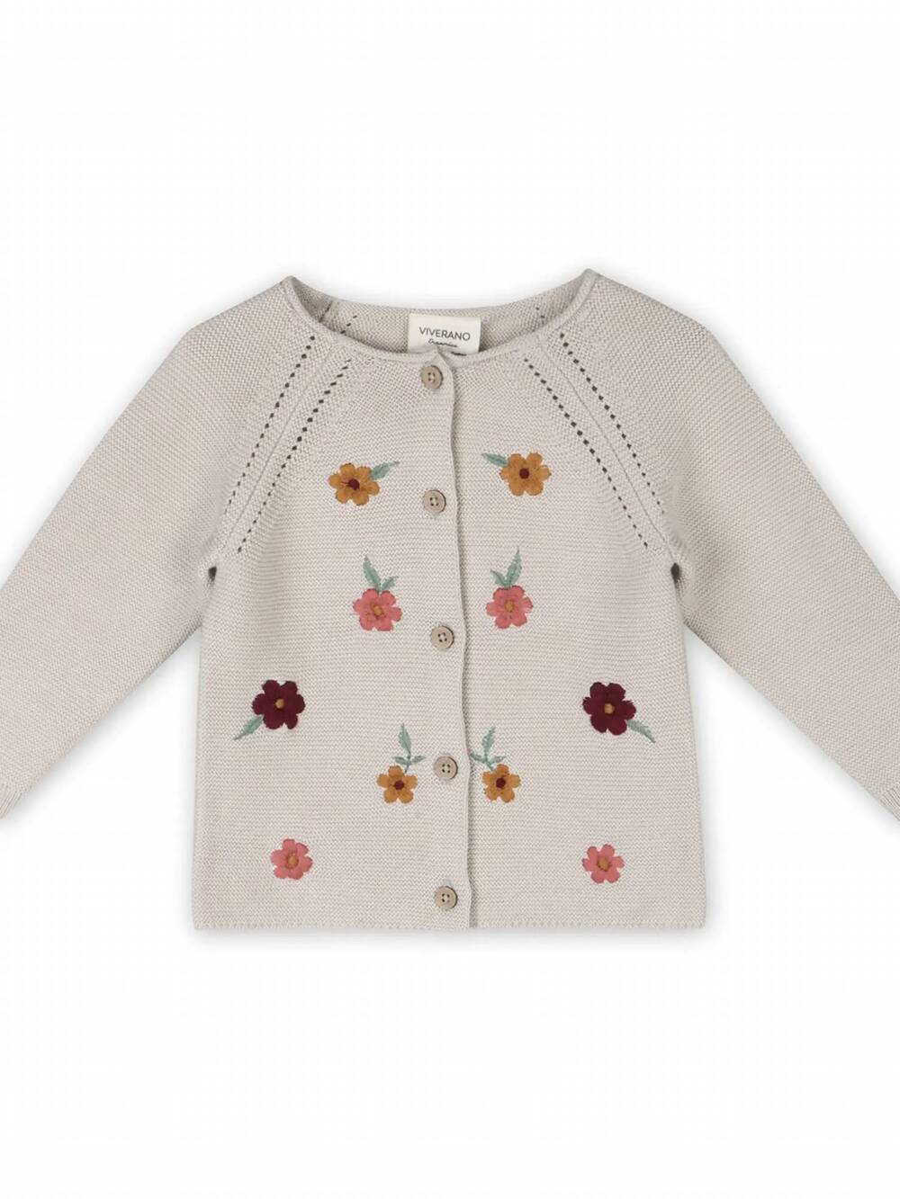 NEW VIVERANO ORGANICS kid's floral embroidered pearl cardigan in stone